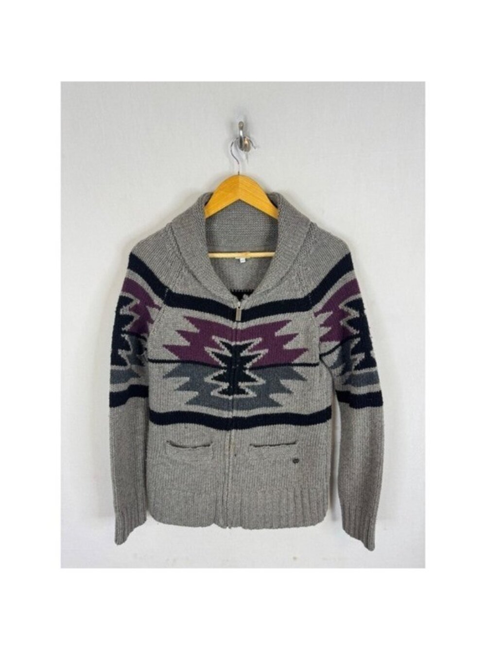 Kismet Mens Grey Southwestern Shawl Collar Full Zip Wool Blend Sweater Size M